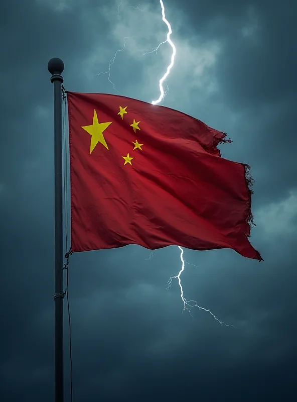 Dramatic image of a Chinese flag waving in the wind against a stormy sky, symbolizing the threat of war.