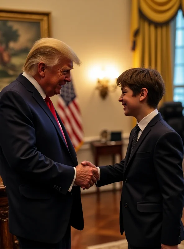 A young boy in a suit shaking hands with Donald Trump in the Oval Office.