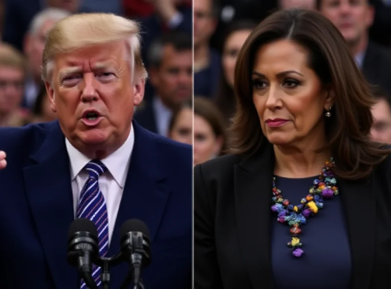 A split image showing Donald Trump on one side and Joe Biden with Kamala Harris on the other.