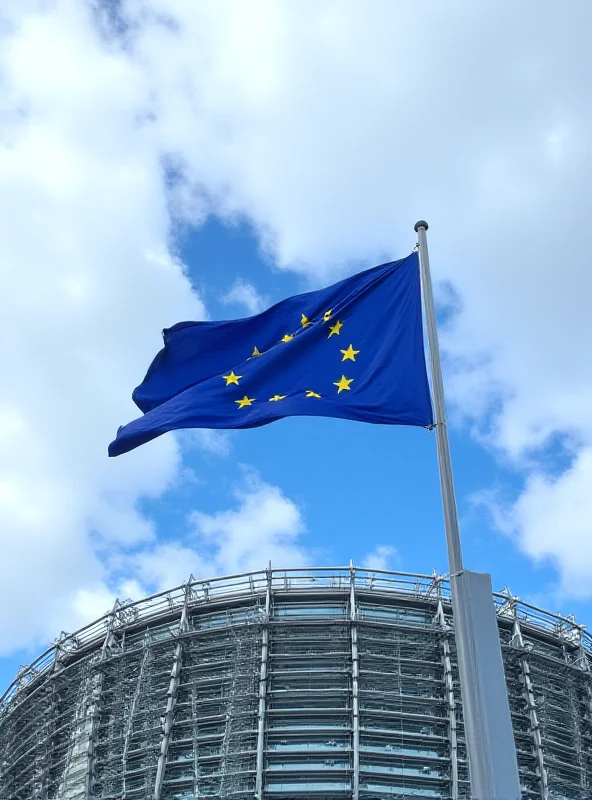 European Union flag waving in front of the European Parliament building in Brussels.