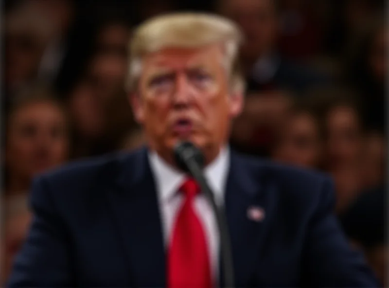 Donald Trump speaking at a podium with a serious expression.