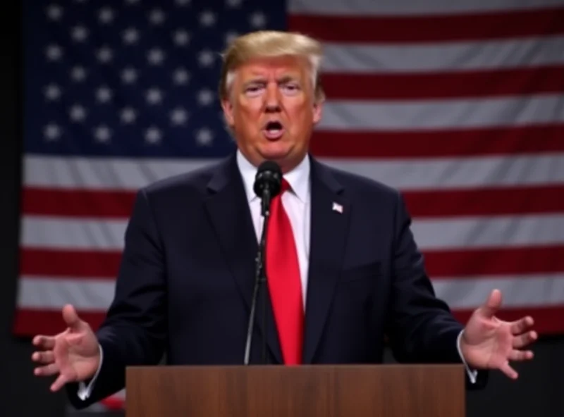 Donald Trump speaking at a podium with the American flag behind him.