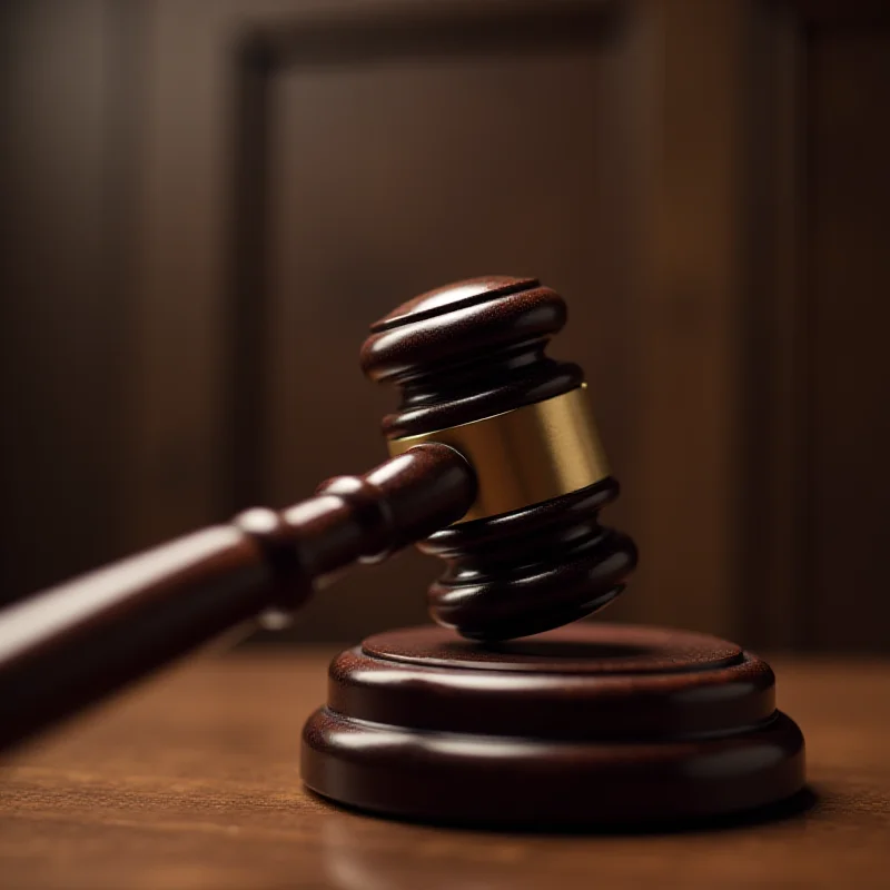 A gavel hitting a sounding block in a courtroom setting.