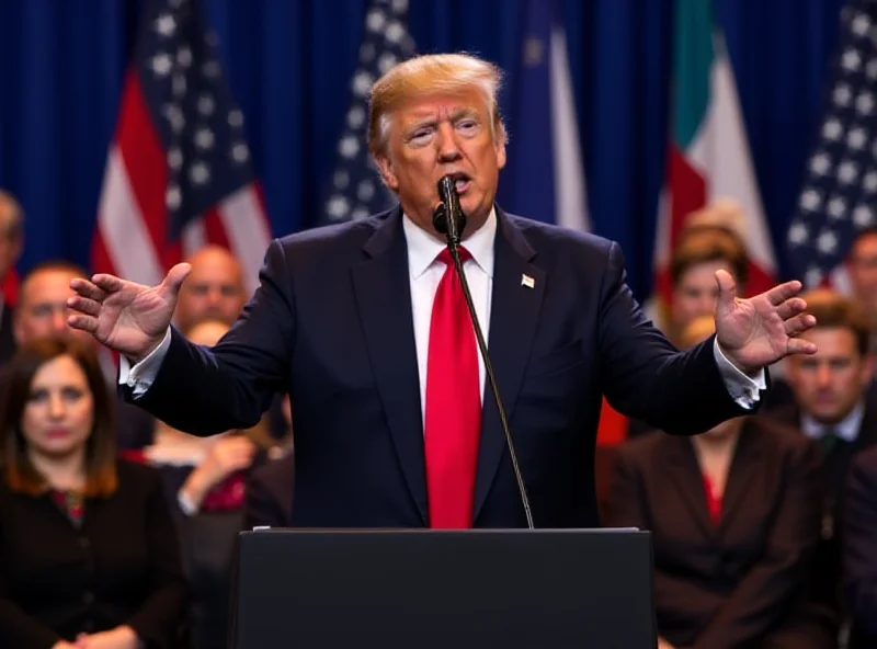 Donald Trump addressing a crowd at a NATO summit.