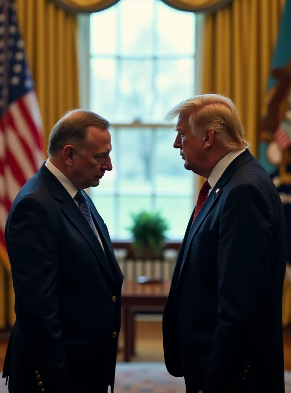 Donald Trump and Volodymyr Zelenskyy standing apart with tense expressions in the Oval Office.