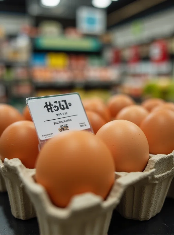 A carton of eggs with a price tag showing a high price. The background is blurred and shows a grocery store shelf.