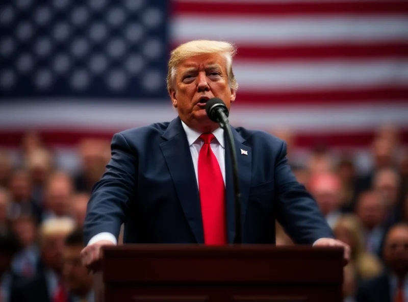 Donald Trump standing at a podium addressing a crowd, with the American flag in the background.