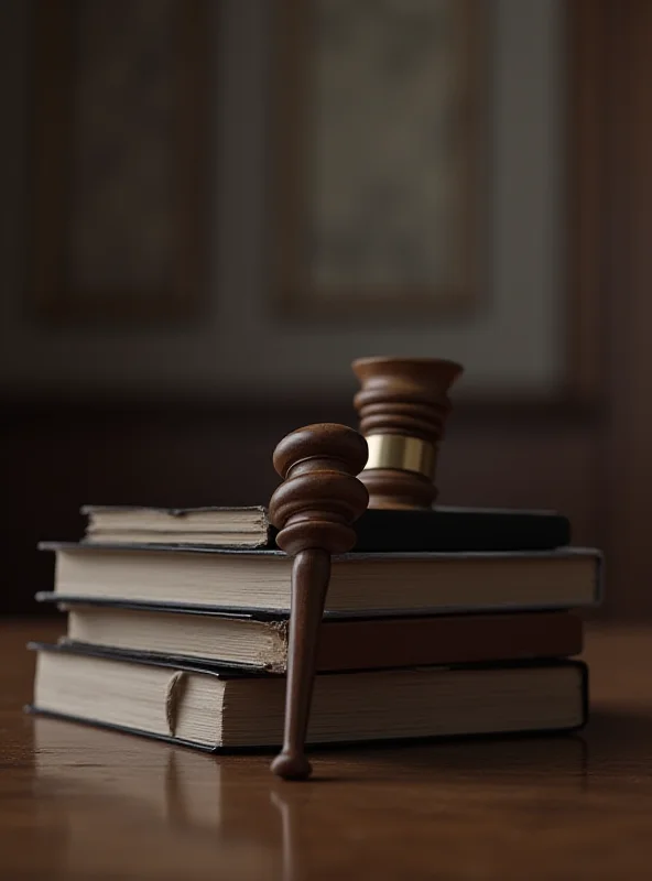 A courtroom scene with a gavel and law books.