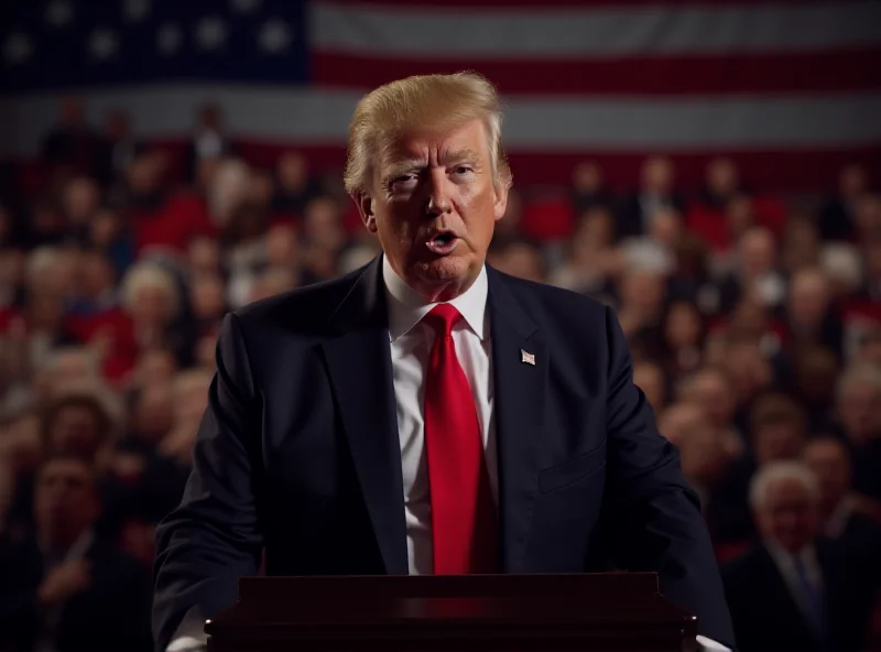 Donald Trump giving a speech at a podium in a crowded hall, with dramatic lighting and the US flag in the background.