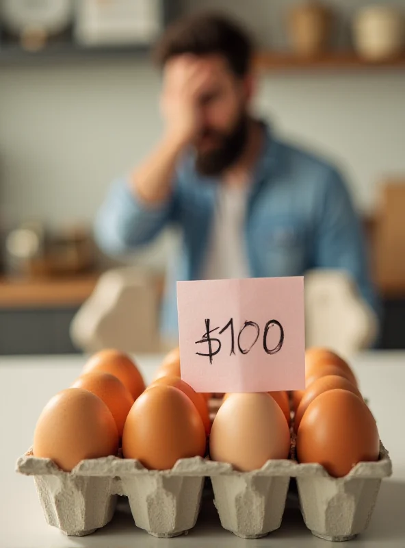 A carton of eggs with an exaggerated price tag of $10.00, placed on a kitchen counter with a worried-looking person in the blurred background.