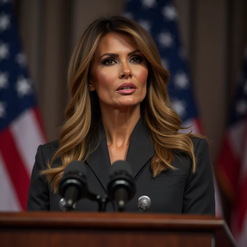 Melania Trump speaking at a podium with microphones in front of her, looking directly at the camera with a serious expression.