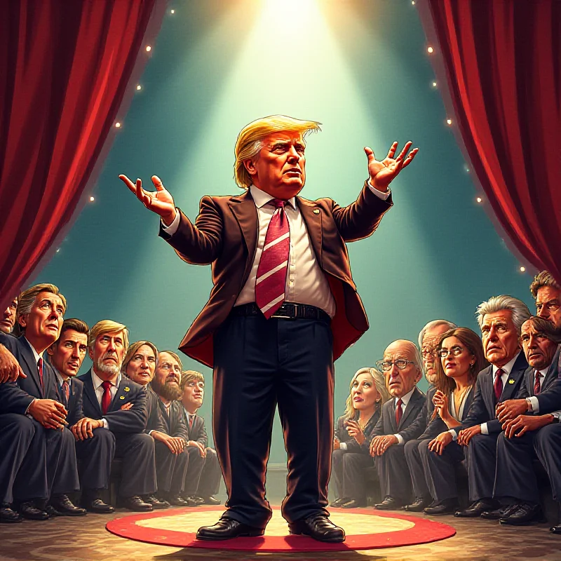 A political cartoon depicting Donald Trump as a showman on a stage, with the U.S. Congress as the audience.