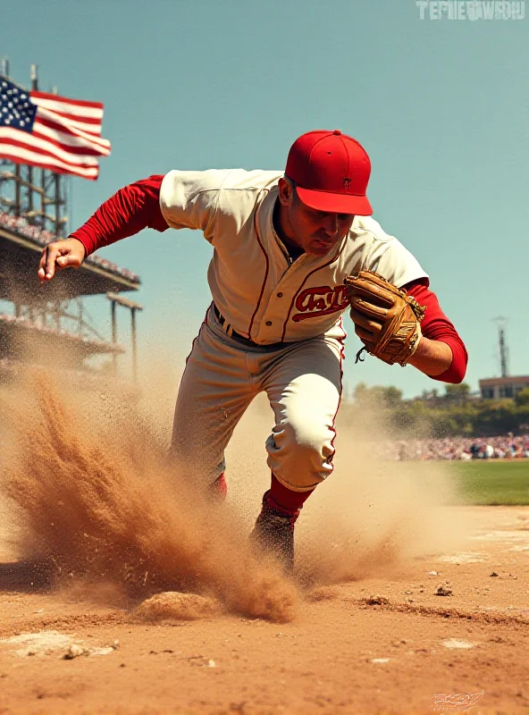 Digital painting of Pete Rose sliding into home plate, dirt flying, wearing a vintage baseball uniform. In the background, a stylized American flag is visible.