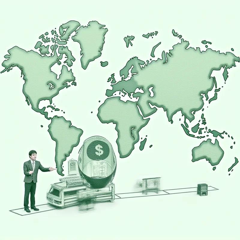 Graphical illustration showing a dollar bill transforming into a manufactured product being shipped overseas. The background features a world map.