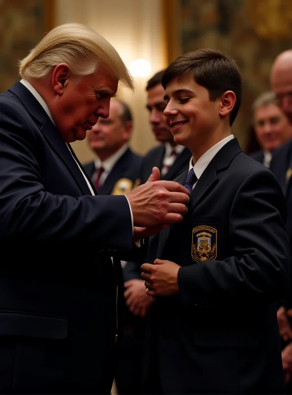 Image of Trump pinning an honorary badge on a smiling young boy dressed in a suit.