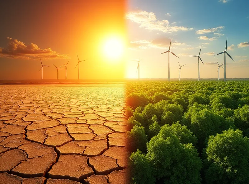 A split image. On one side, a parched, cracked earth. On the other, lush green forests and wind turbines.