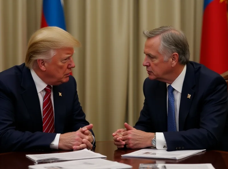 Donald Trump and Volodymyr Zelenskyy in a diplomatic meeting, looking serious and engaged.