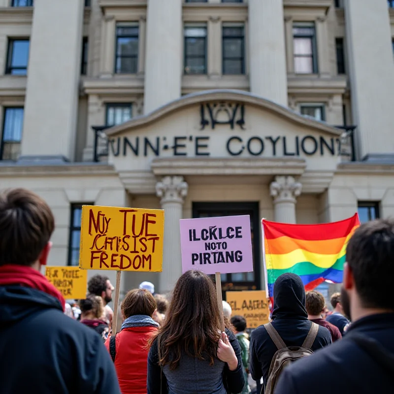 The exterior of the National Endowment for the Arts building, with a protest happening outside, signs supporting LGBTQ+ rights and artistic freedom.