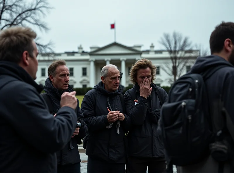 A group of journalists standing outside the White House, looking concerned and holding notepads and cameras, with the White House in the background, under a cloudy sky.