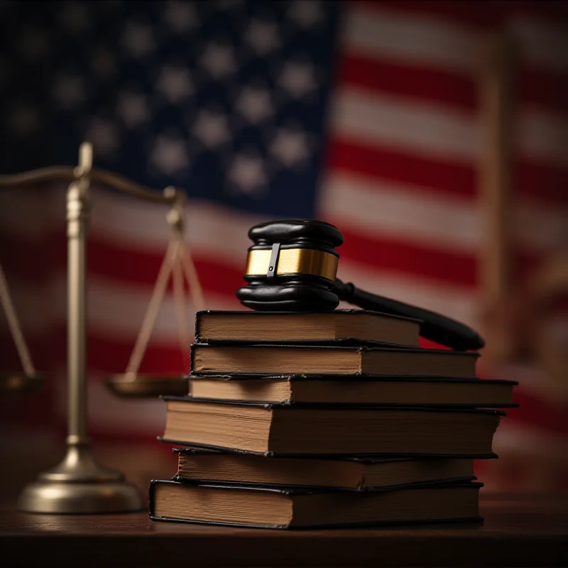 A gavel resting on a stack of law books, with an American flag in the background. The scene is in a courtroom setting, symbolizing legal decisions and policy implementation.