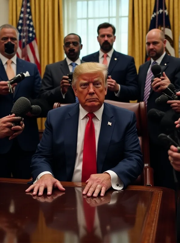 Donald Trump in the Oval Office surrounded by journalists