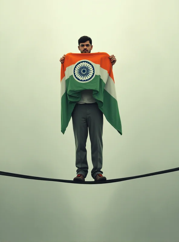 A digital painting depicting a tightrope walker with the Indian flag draped over their shoulders. In the background, subtle outlines of the flags of Bangladesh, Russia, USA and Israel are visible.