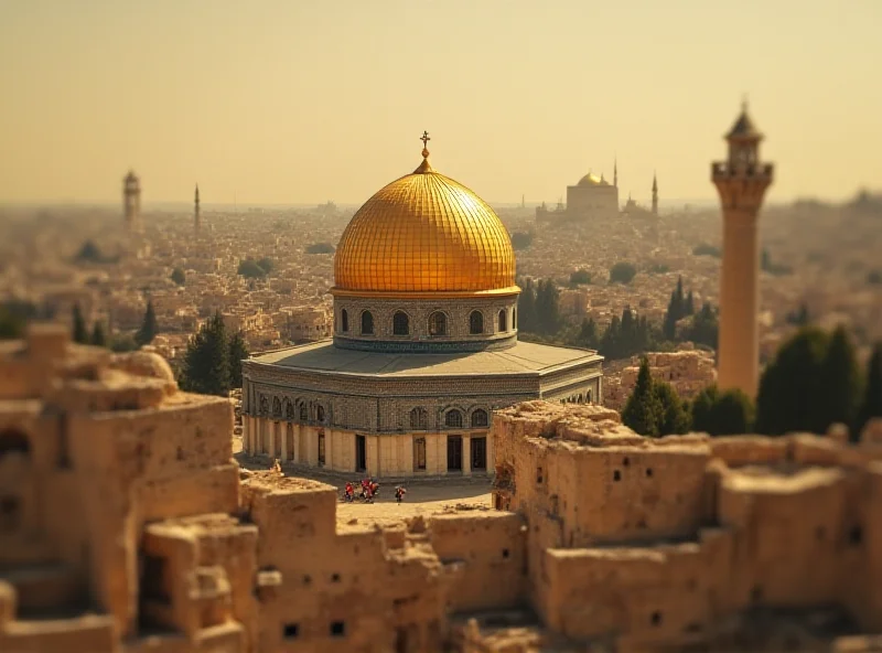 A stylized image of the Dome of the Rock in Jerusalem, with a blurred background suggesting a tense and uncertain atmosphere.