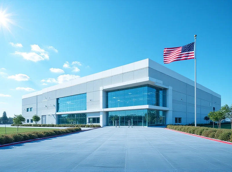 Concept art of a massive, modern chip manufacturing plant in the United States, with the American flag waving proudly in the background.