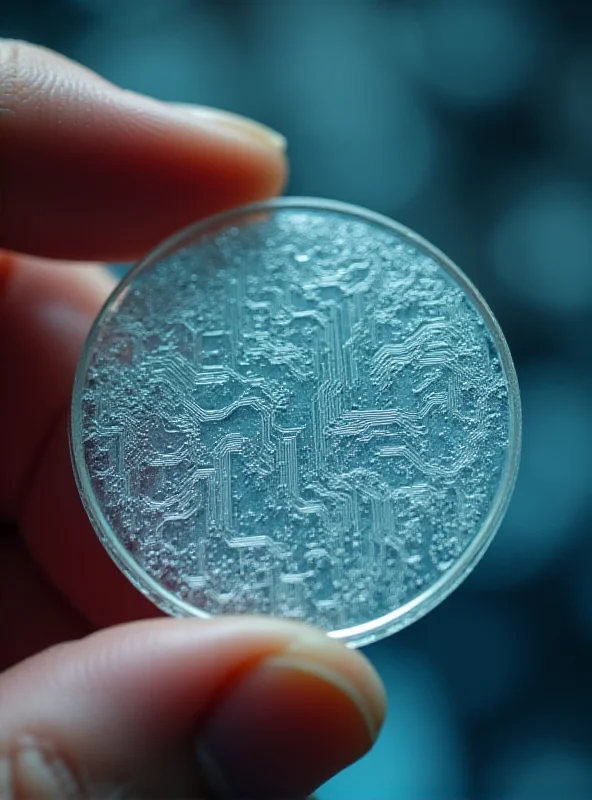 A close-up shot of a hand holding a silicon wafer, reflecting light and showcasing the intricate circuitry.