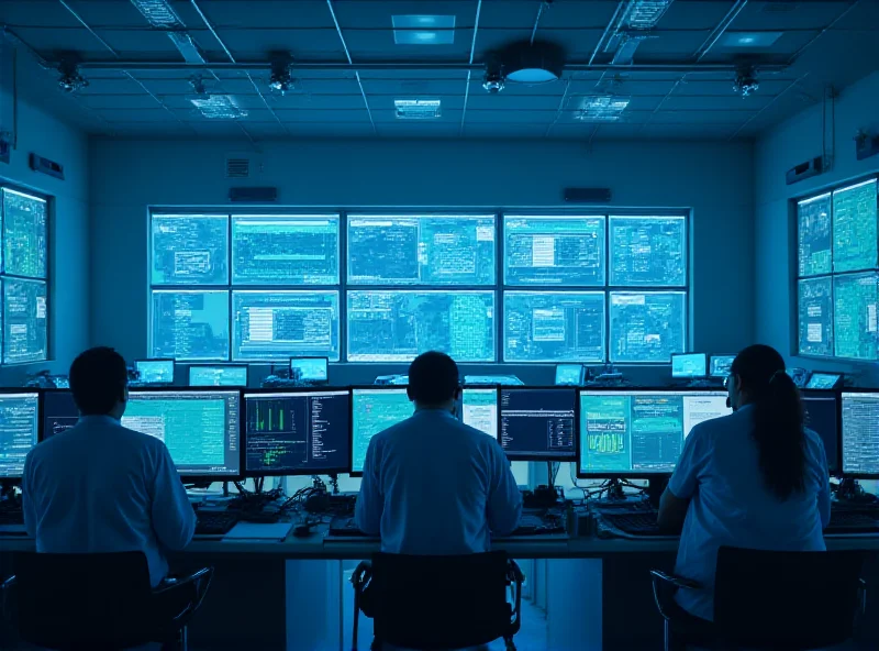 A high-tech control room in a chip manufacturing plant, with engineers monitoring data on multiple screens.