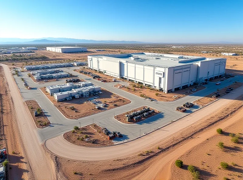 Aerial view of a TSMC semiconductor fabrication plant in Arizona, with construction equipment visible and a clear blue sky in the background.