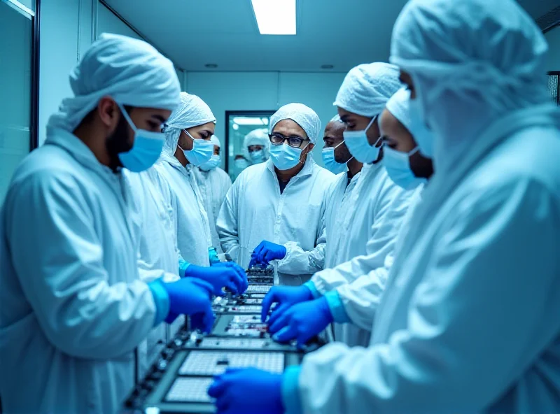 A diverse group of engineers in a cleanroom environment, wearing protective gear and working on advanced semiconductor manufacturing equipment.