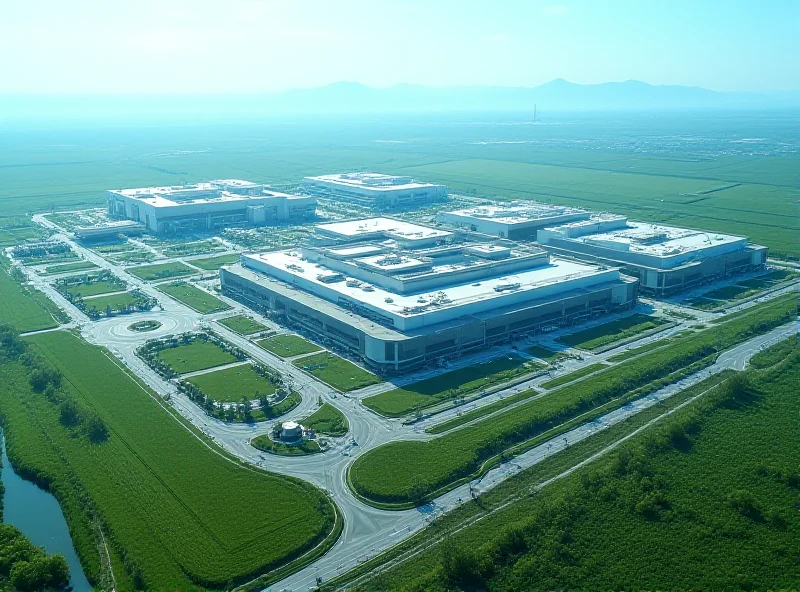 Aerial view of a TSMC chip manufacturing plant in the United States, showcasing the scale of the facility and its importance to the tech industry.