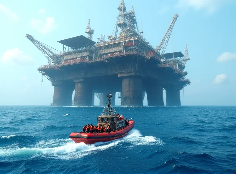 A rescue ship approaching an oil platform in the Mediterranean Sea, with migrants visible on the platform waiting to be rescued.
