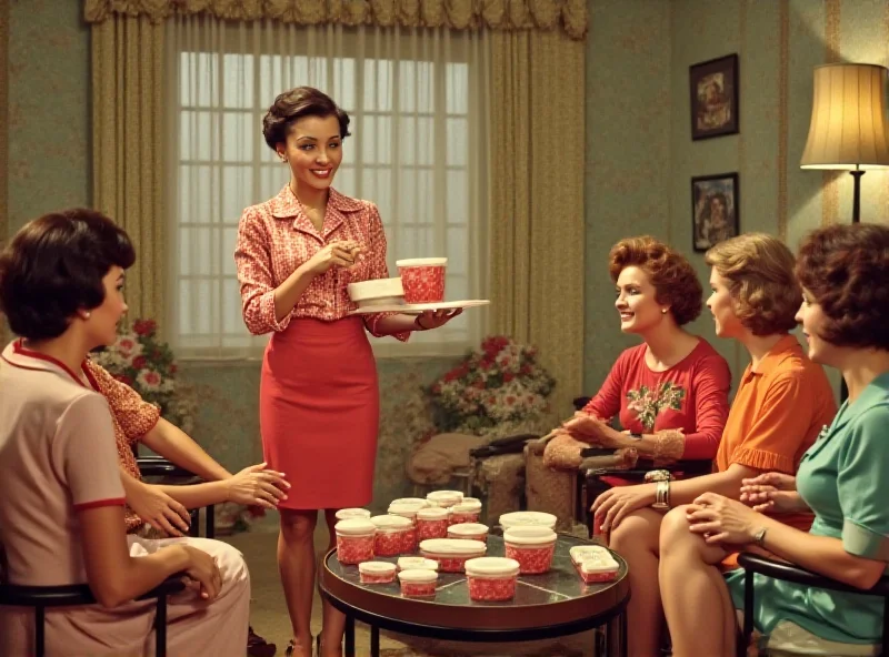 A vintage Tupperware party with a demonstrator showing off various containers to a group of women.