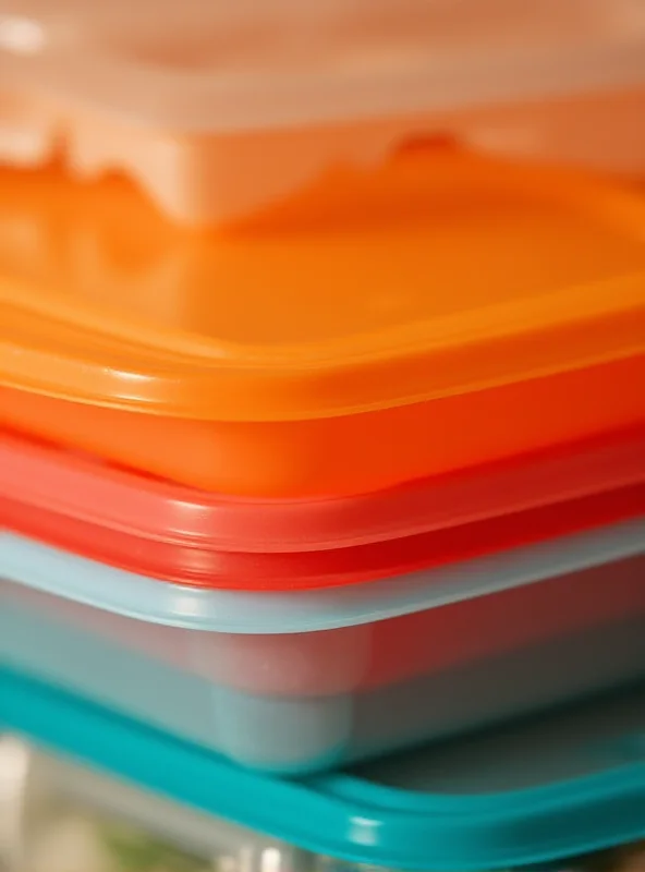 A close-up shot of a variety of colorful, stacked Tupperware containers with airtight lids.