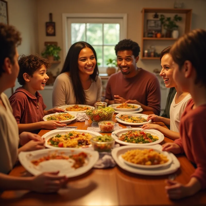 A family sitting around a table, enjoying a meal stored in various Tupperware containers, emphasizing the brand's role in everyday life.