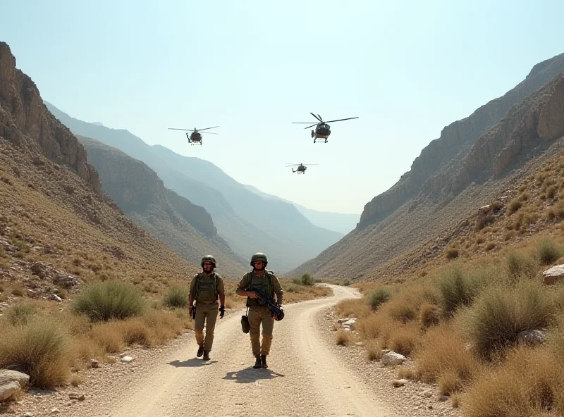 Military personnel patrolling a mountainous region with helicopters flying overhead.