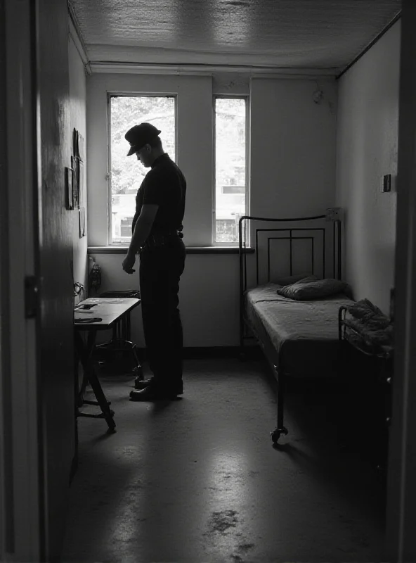 A black and white photo from 1984, showing a police officer examining a crime scene in a dormitory room.