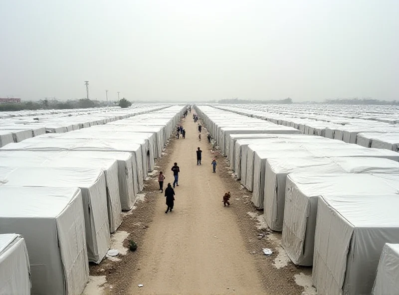 A sprawling refugee camp with rows of tents stretching into the distance, children playing amidst the tents.