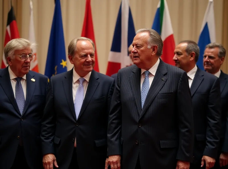 A group of European leaders standing together at a summit, with flags of various countries visible in the background, symbolizing international cooperation.