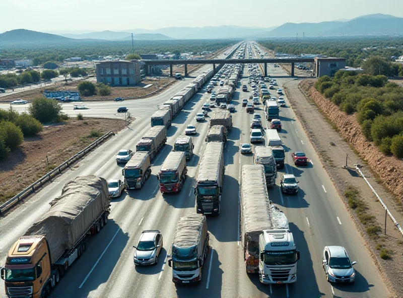 Aerial view of a busy border crossing between two countries.