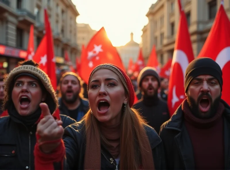 A crowd of people protesting in a city square in Turkey, holding signs and flags.