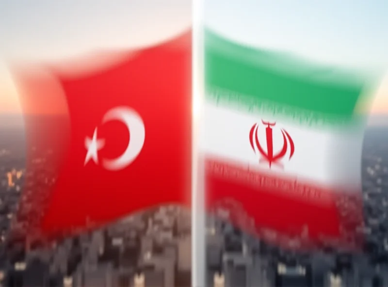 Turkish and Iranian flags waving side-by-side, symbolizing the diplomatic relationship between the two countries.