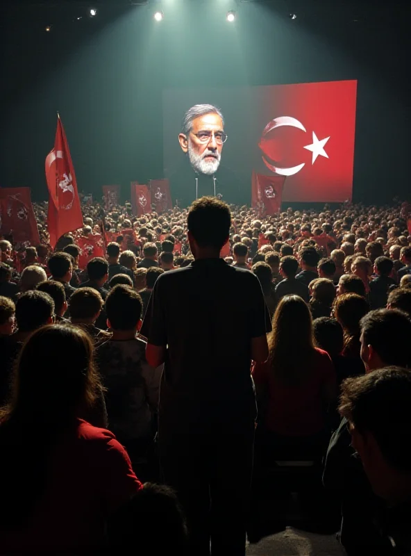 Abdullah Öcalan, the imprisoned leader of the PKK, giving a speech, possibly via video link, to a crowd of supporters.