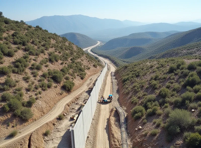 An aerial view of the Turkey-Greece border, showing the landscape and the beginnings of a wall being constructed. Border patrol vehicles are visible.