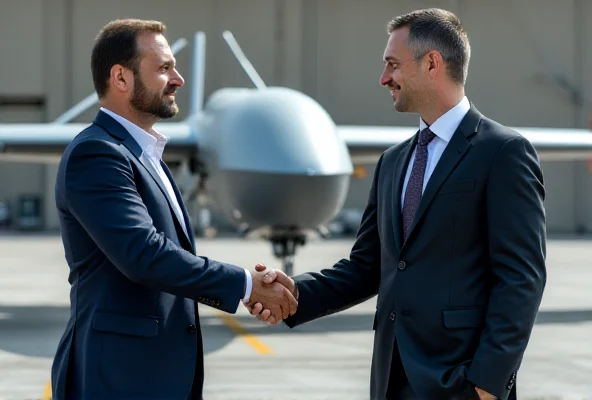 Two businessmen shaking hands in front of a military drone