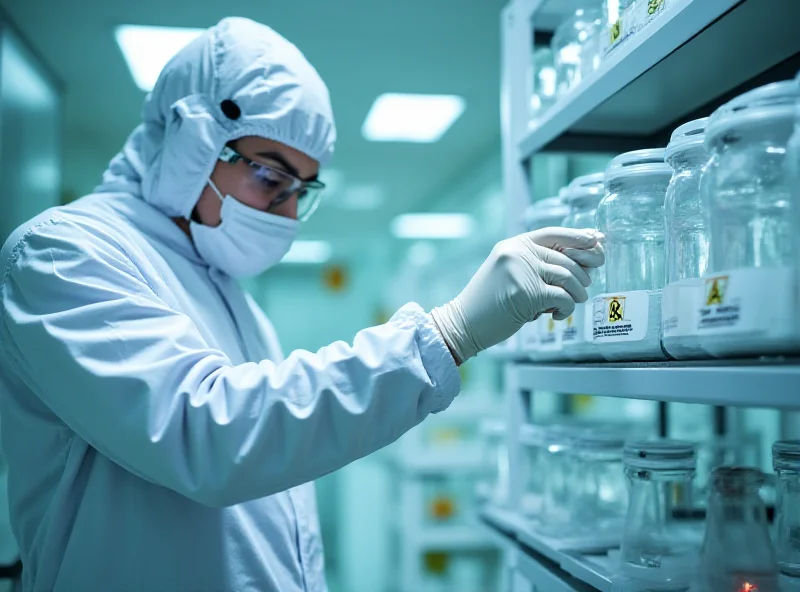 A scientist in a hazmat suit inspecting chemical weapons.