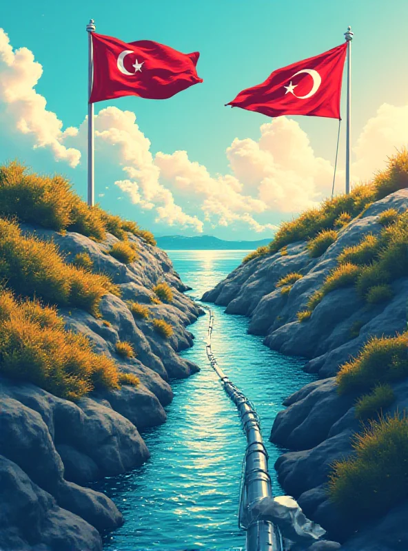 Illustration depicting a natural gas pipeline stretching between Azerbaijan and Türkiye, with flags of both countries waving in the background.