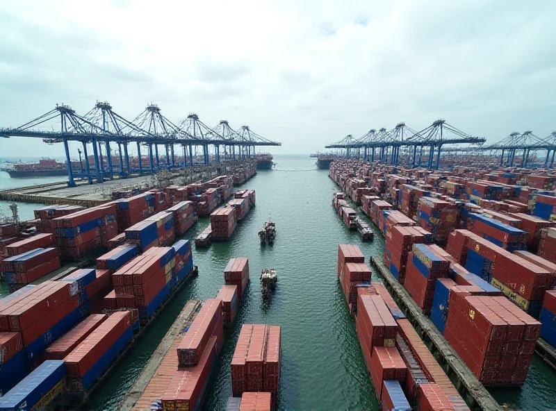 Busy port with cargo ships and cranes, containers stacked high.